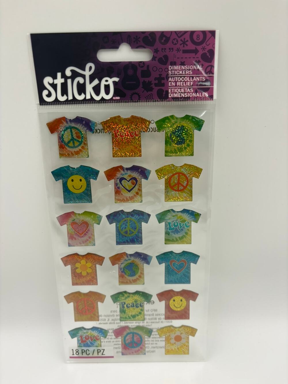 Sticko Tie Dye T-Shirt Stickers 18pc Peace Love Hippie Glitter